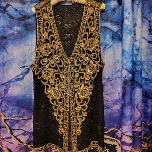 Vintage 90s Holiday Black And Gold Beaded Top.